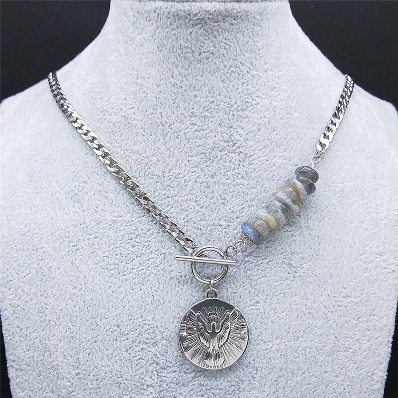 Punk Eagle Stainless Steel Natural Flash Stone Statement Necklace Women Silver Color Bead Necklaces Jewelry collares NXS04