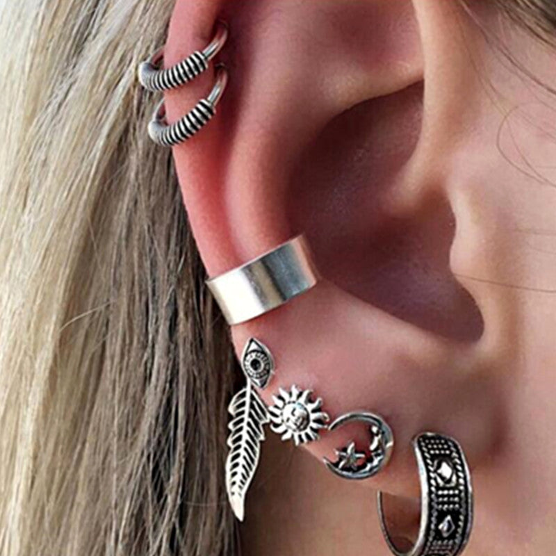 Punk Earring Sets For Women Boho Ethnic Silver Color Ear Clip Earrings Tassel Leaf Feather Earrings jewelry Wholesale e0405
