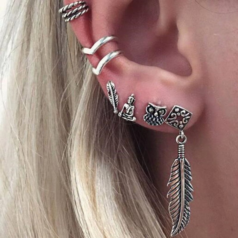 Punk Earring Sets For Women Boho Ethnic Silver Color Ear Clip Earrings Tassel Leaf Feather Earrings jewelry Wholesale e0405