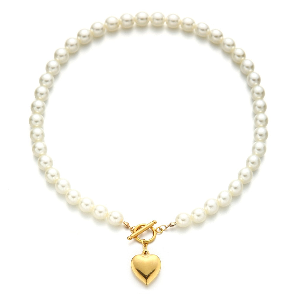 Punk Gold Color Stainless Steel Heart Necklace Elegant 40cm Imitation Pearl Choker Neck Chains For Women Jewelry