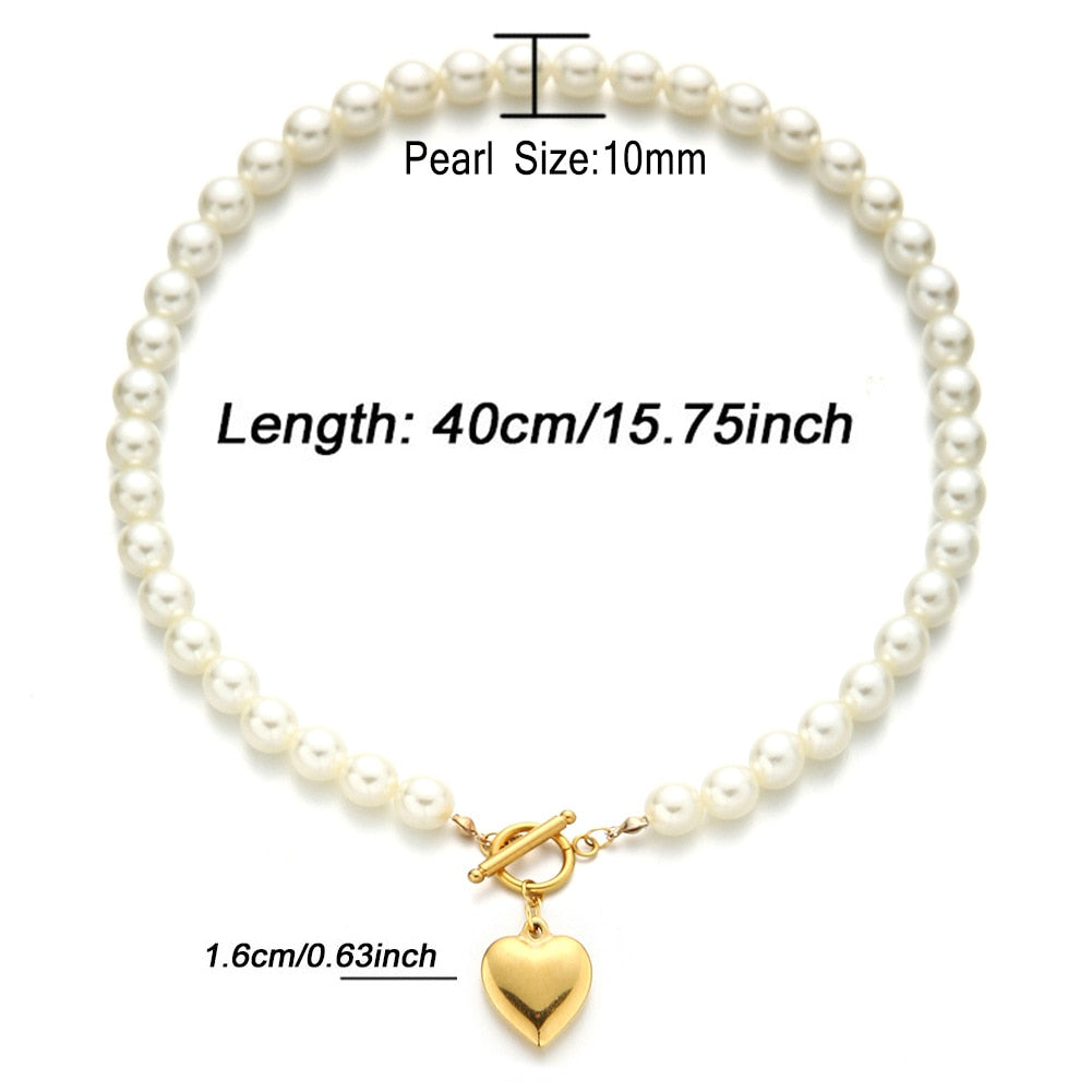 Punk Gold Color Stainless Steel Heart Necklace Elegant 40cm Imitation Pearl Choker Neck Chains For Women Jewelry