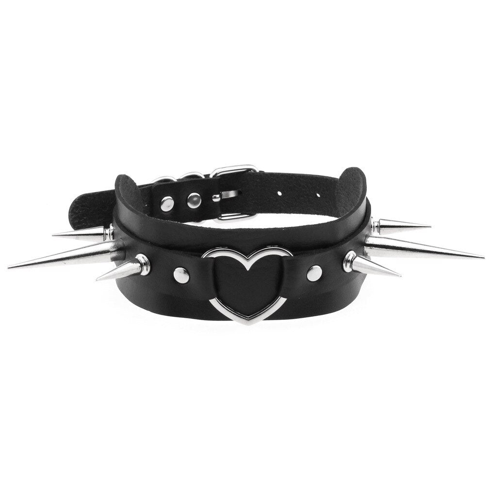 Punk Spiked Leather Choker Handmade Heart Collar Necklace Women Girls Buckle Style Goth Accessories