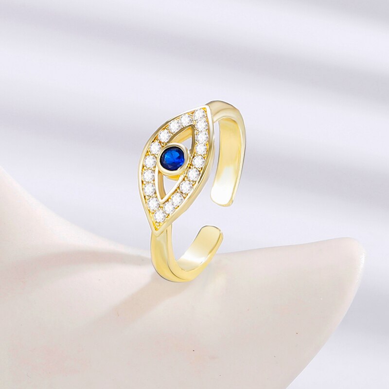 Punk Female Crystal Turkish Blue Evil Eye Ring Golden Wedding Rings For Women Hollow Engagement Jewelry