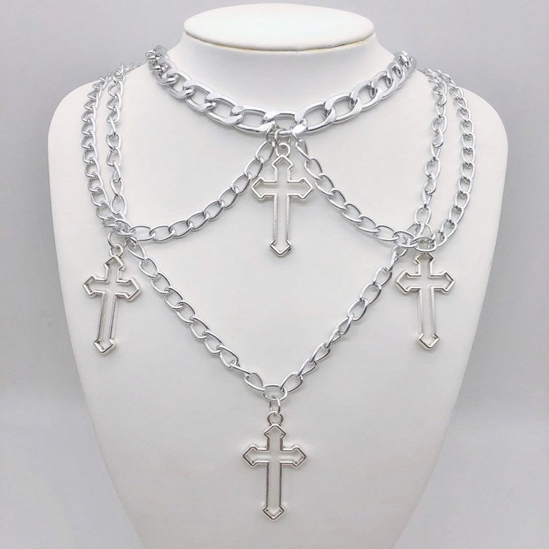 Punk Geometric Silver Color Chain Hollow Cross Pendant Necklaces For Women Trendy Statement Metal Chain Hip hop Jewelry Necklace