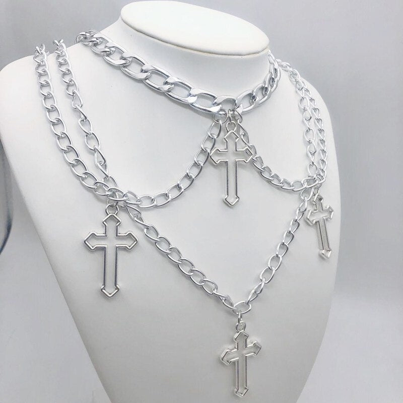 Punk Geometric Silver Color Chain Hollow Cross Pendant Necklaces For Women Trendy Statement Metal Chain Hip hop Jewelry Necklace
