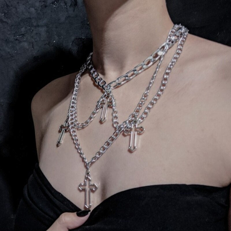 Punk Geometric Silver Color Chain Hollow Cross Pendant Necklaces For Women Trendy Statement Metal Chain Hip hop Jewelry Necklace