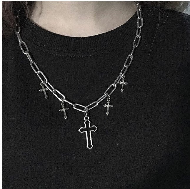 Punk Geometric Silver Color Chain Hollow Cross Pendant Necklaces For Women Trendy Statement Metal Chain Hip hop Jewelry Necklace
