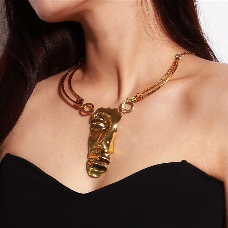 Punk Gold Color Metal Necklaces & Pendants Vintage Big Face Chokers Necklaces Statement Collar Necklaces