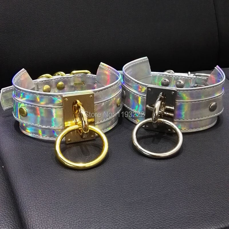 Punk Gothic 100% Handcrafted Chic Holographic Choker O Round Gold Metal Laser Collar BDSM Sub Slave Necklace