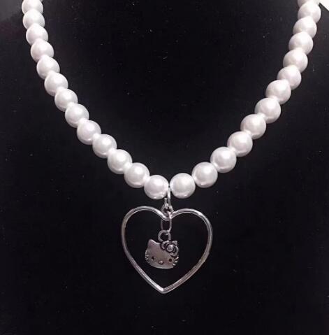 Punk Gothic Harajuku Pearl Chain Hollow Heart  Cat Pendant Necklaces Choker With Cat Grunge Fairy Goblincore Indie y2k Jewlery