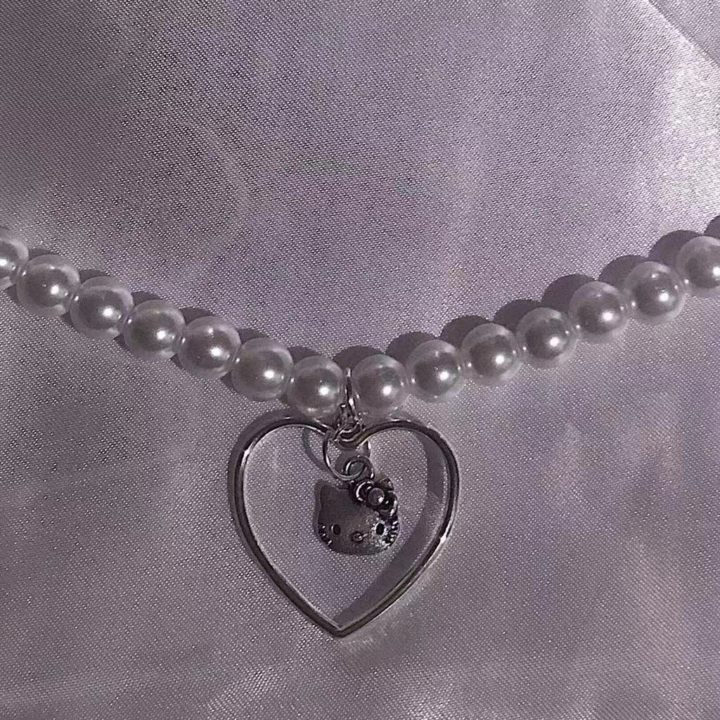 Punk Gothic Harajuku Pearl Chain Hollow Heart  Cat Pendant Necklaces Choker With Cat Grunge Fairy Goblincore Indie y2k Jewlery