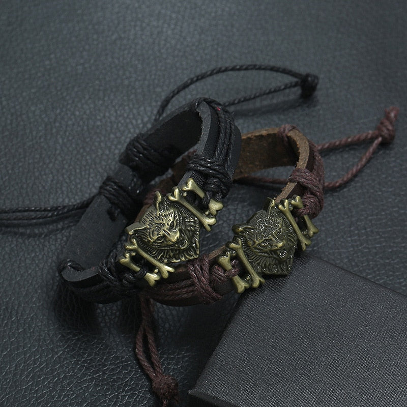 Punk Gothic Rock Men Jewelry Bracelet Cuff Alloy Wolf Bone Charms Vintage Rope Leather Bangle Wrap Women  Wristbands Gift