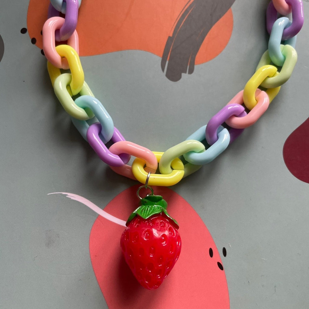Punk Harajuku Style Exaggerate Colorful Resin Chain Short Necklace Mushroom Strawberry Pendant Necklace For Women Bijoux