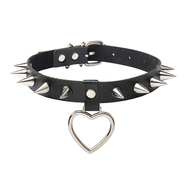 Punk Harajuku pointed nails rivets peach heart ladies necklace pendant leather collar pu women's collar chain collarbone chain