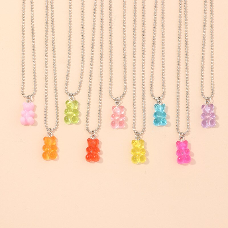 Punk Hip Hop Candy Color Cute Animal Bear Pendant Necklaces for Women Girlfriend Party Neck Jewelry Vintage Beads Chains