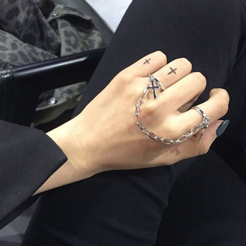 Punk Hip-Hop Cross Ring Hand Silver Color Plated Retro Finger Chain Adjustable Rings Jewelry Gift for Unisex Ring Party Rings