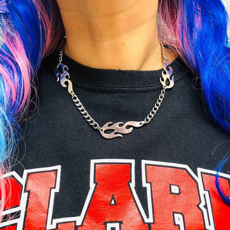 Punk Hip Hop Rock Fire Flames Chunky Chain Choker Necklace Gift For Women Girl Friends Jewelry