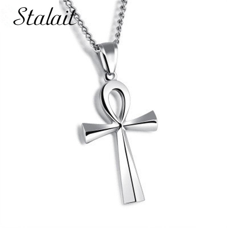 Punk Hip-hop Bow Hollow Titanium Steel Pendant Necklace Glossy Stainless Steel Ancient Egyptian Cross Men's Jewelry