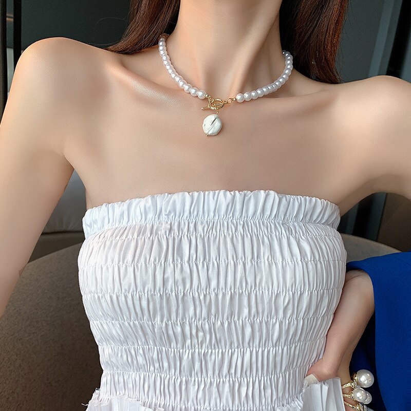 Punk Irregular Pearl Necklace Stainless Steel Curb Cuban Link Chain Choker for Men Women Gold Color Male Jewelry Gift