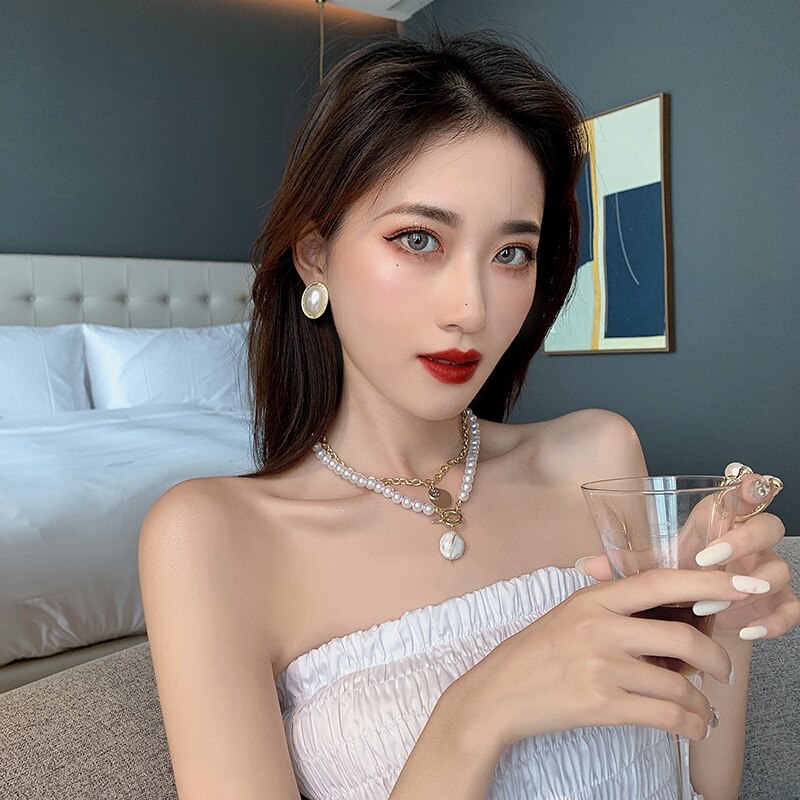 Punk Irregular Pearl Necklace Stainless Steel Curb Cuban Link Chain Choker for Men Women Gold Color Male Jewelry Gift