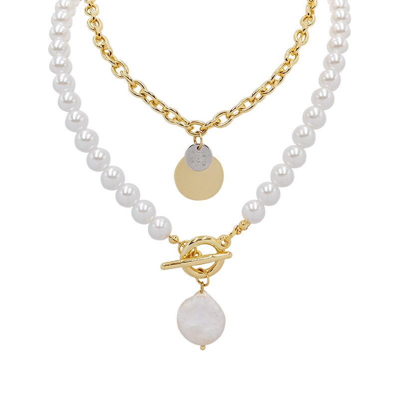 Punk Irregular Pearl Necklace Stainless Steel Curb Cuban Link Chain Choker for Men Women Gold Color Male Jewelry Gift