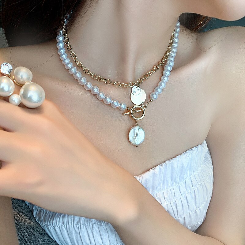Punk Irregular Pearl Necklace Stainless Steel Curb Cuban Link Chain Choker for Men Women Gold Color Male Jewelry Gift
