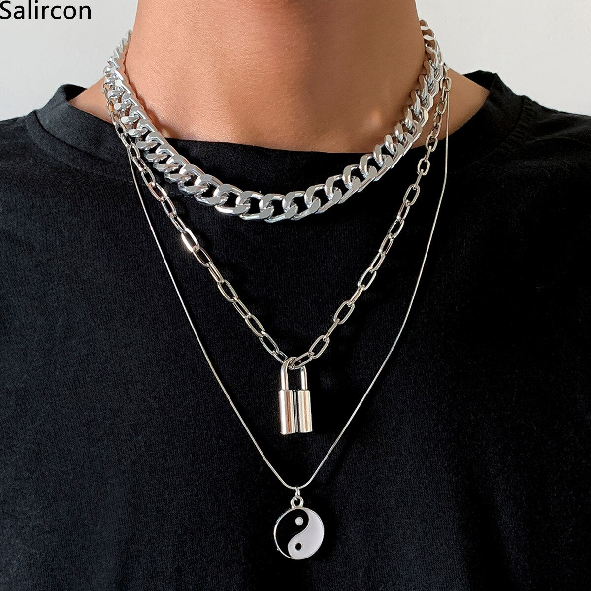 Punk Lock Yin Yang Tai Chi Pendant Necklace For Men Women Thin Snake Chain Choker Necklace Kpop Multi Layer Unisex Jewelry Gifts