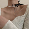 Punk Long Wide Velvet Bow Double Necklace Simple Bowknot Plush Pearl Clavicle Chain Collar for Women Lady Jewelry