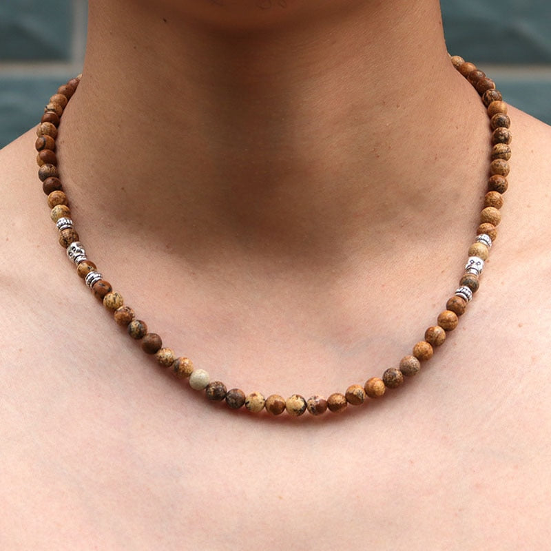 Punk Men Necklace 6mm Natural Onyx Map Tiger eye Necklace 19 Inches Long Necklace Homme Gothic Skull Necklace Accessories Gift