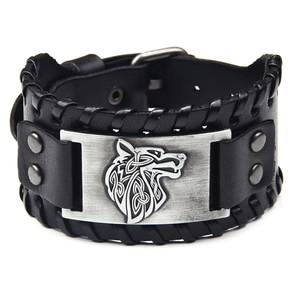 Punk Men Wide Bangle Nordic Viking Designer Charm Wolf Head Bracelet Leather Weave Adjustable Wristband Jewelry