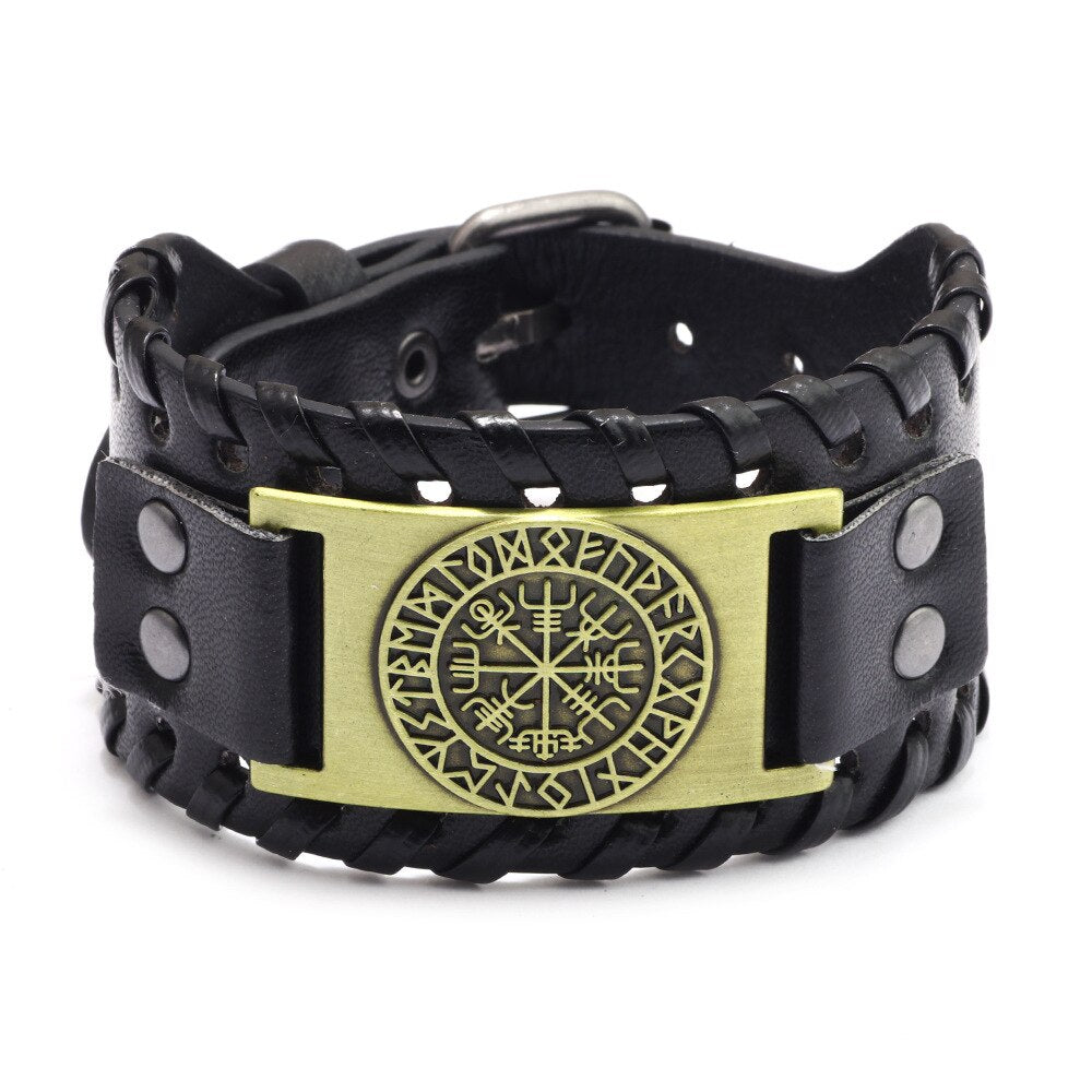 Punk Men Wide Bangle Nordic Viking Designer Charm Wolf Head Bracelet Leather Weave Adjustable Wristband Jewelry