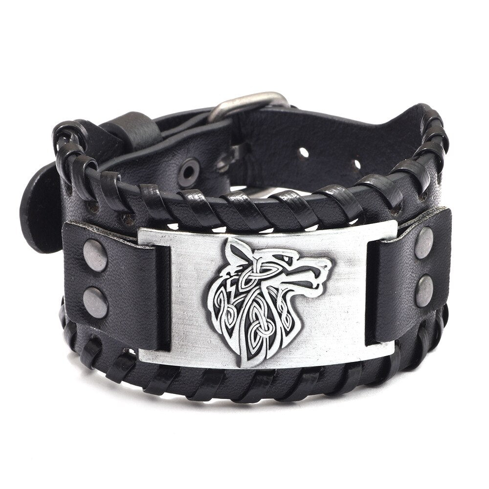 Punk Men Wide Bangle Nordic Viking Designer Charm Wolf Head Bracelet Leather Weave Adjustable Wristband Jewelry