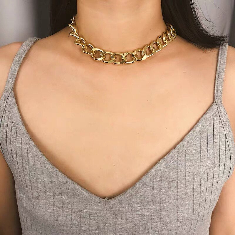 Punk Miami Cuba Necklace neckline statement hip hop large aluminum gold thick chain necklace women's gold thick clavicle chain
