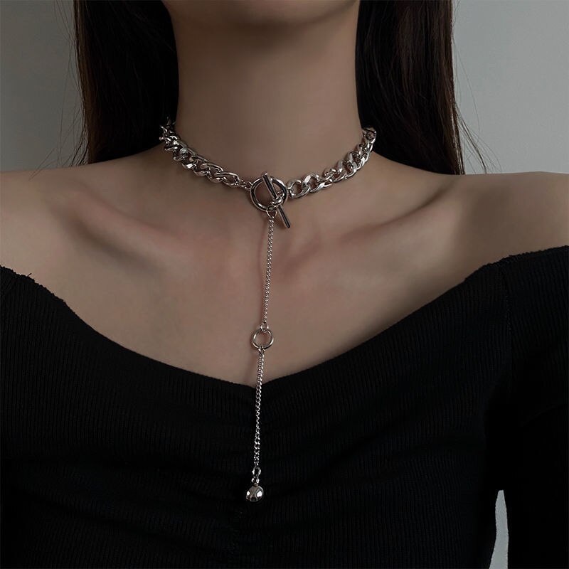 Punk Miami Cuban Round Bead Long Pendant Fall Winter Stainless Steel Sweater Chain   Cool Tide Cold Wind Hip-hop Clavicle Chain