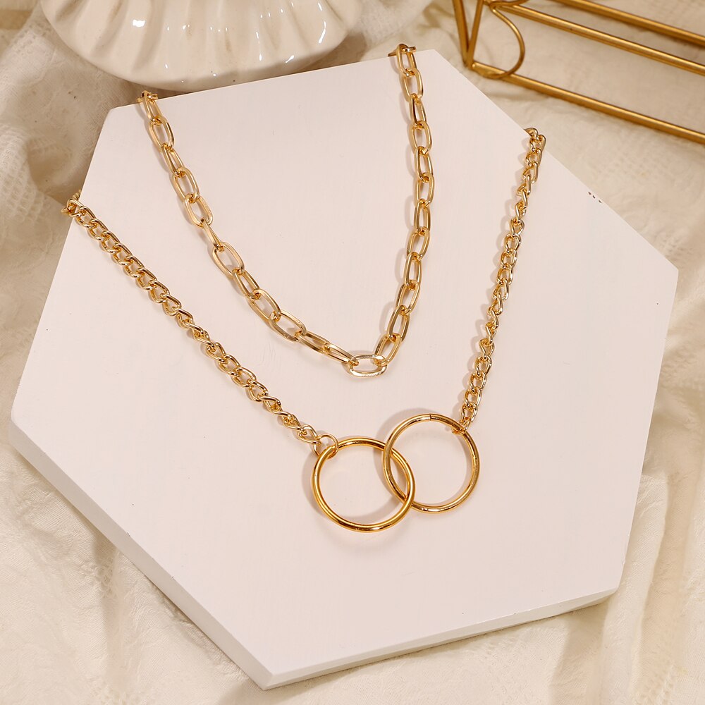 Punk Minimalist Circle Interlocking Clavicle Necklace Women's Vintage  Metal Round Thick Chain Pendant Collar Necklace Jewelry