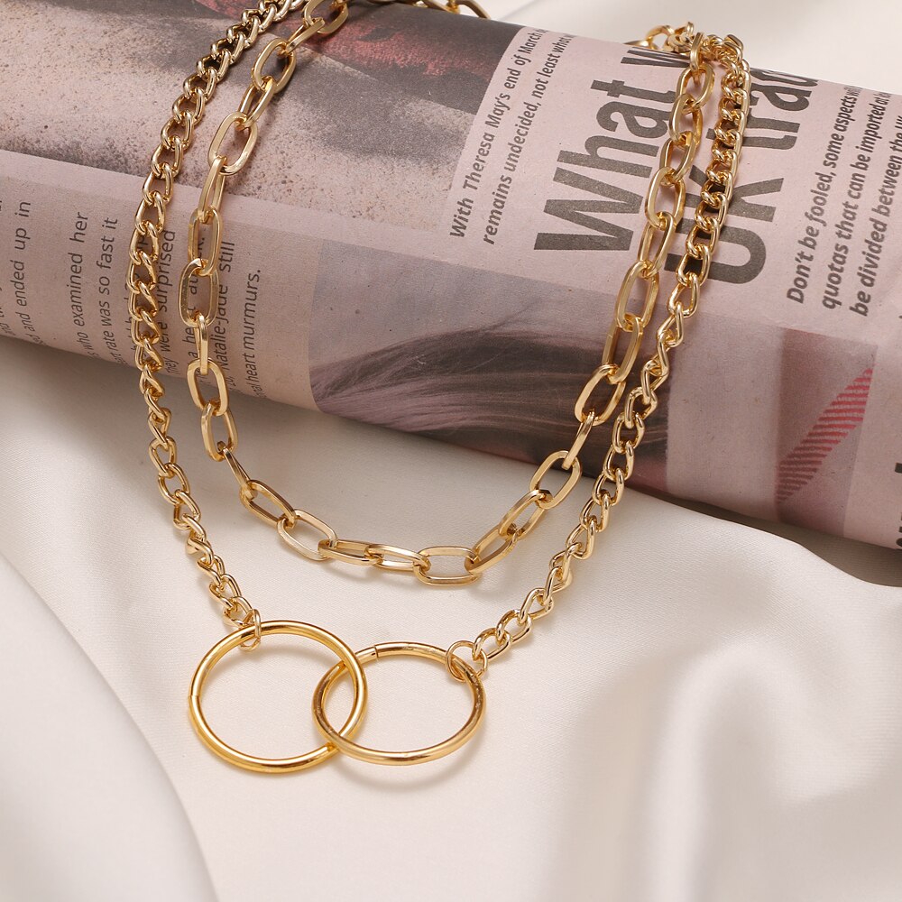 Punk Minimalist Circle Interlocking Clavicle Necklace Women's Vintage  Metal Round Thick Chain Pendant Collar Necklace Jewelry