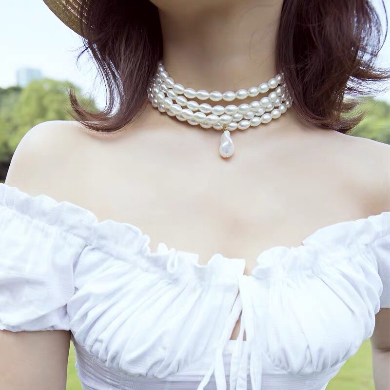 Punk Multi Layered Choker Necklace Collar for Women Statement Boho Handmade Imitation Pearl Pendant Necklace Jewelry