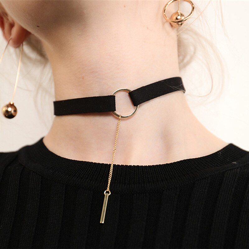 Punk 4 Colors Leather Choker Necklace Women Gold Color Geometry With Round Pendant Collar Necklace For Girls Gifts