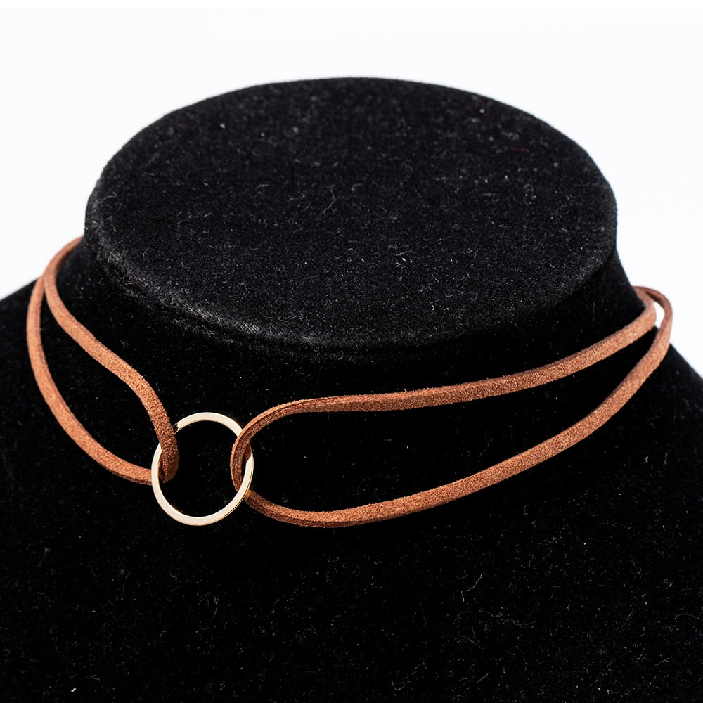 Punk Black White Brown Leather Choker Necklace Gold Color Geometry With Round Pendant For Women Girls