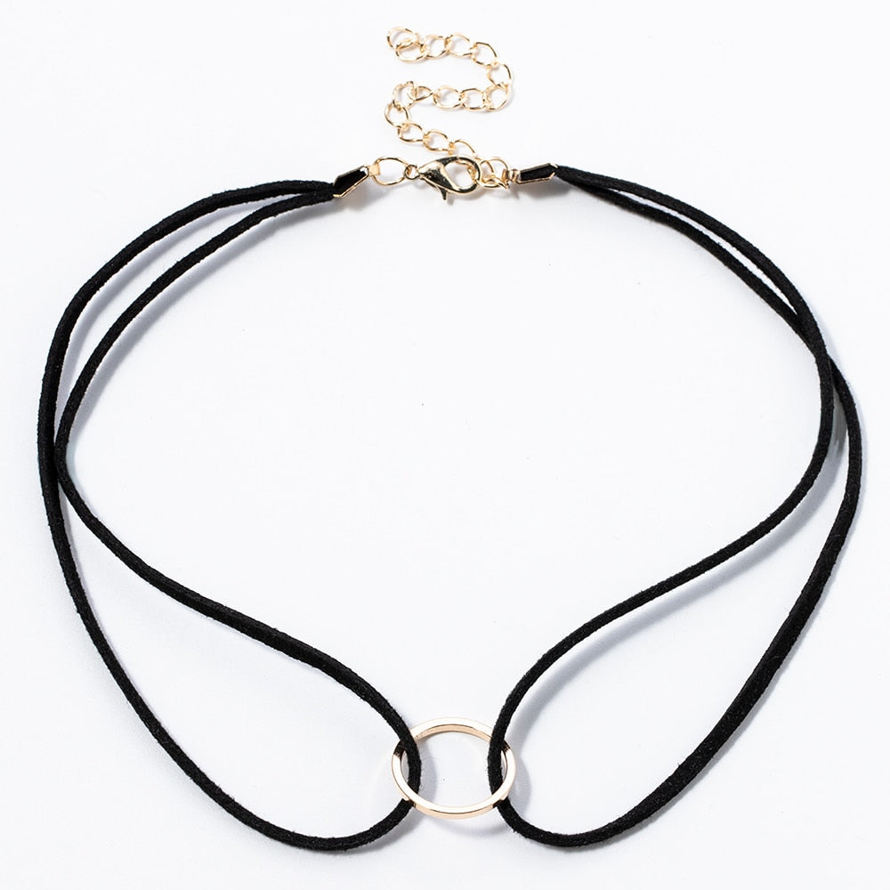 Punk Black White Brown Leather Choker Necklace Gold Color Geometry With Round Pendant For Women Girls