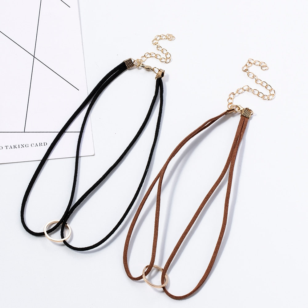 Punk Black White Brown Leather Choker Necklace Gold Color Geometry With Round Pendant For Women Girls