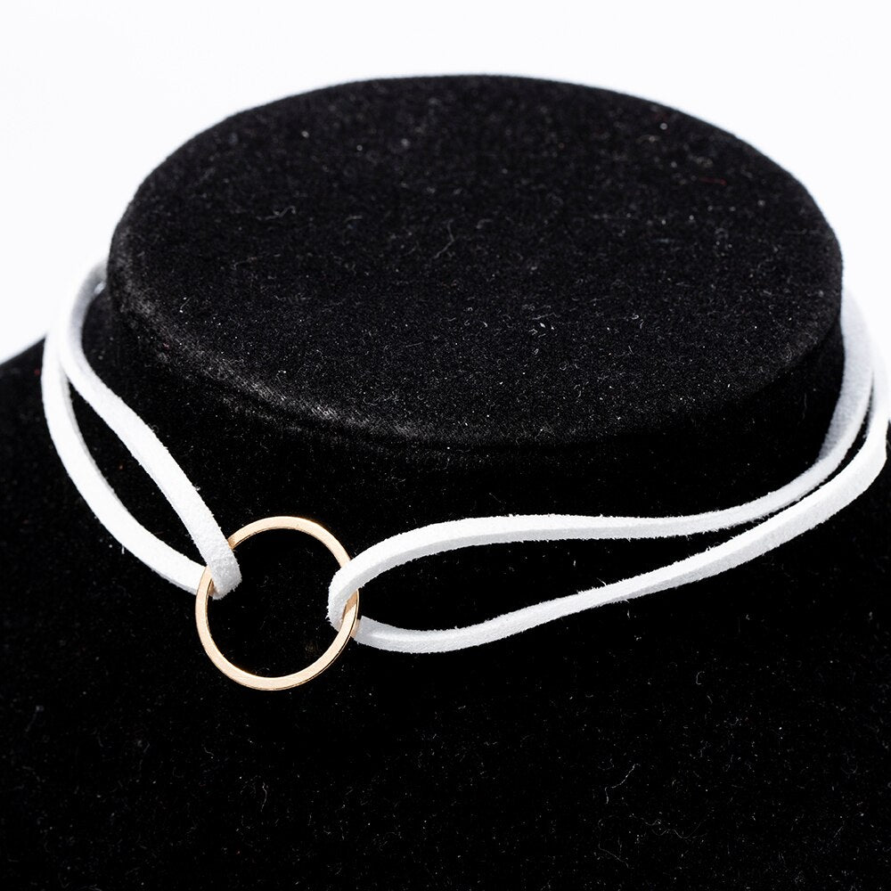 Punk Black White Brown Leather Choker Necklace Gold Color Geometry With Round Pendant For Women Girls