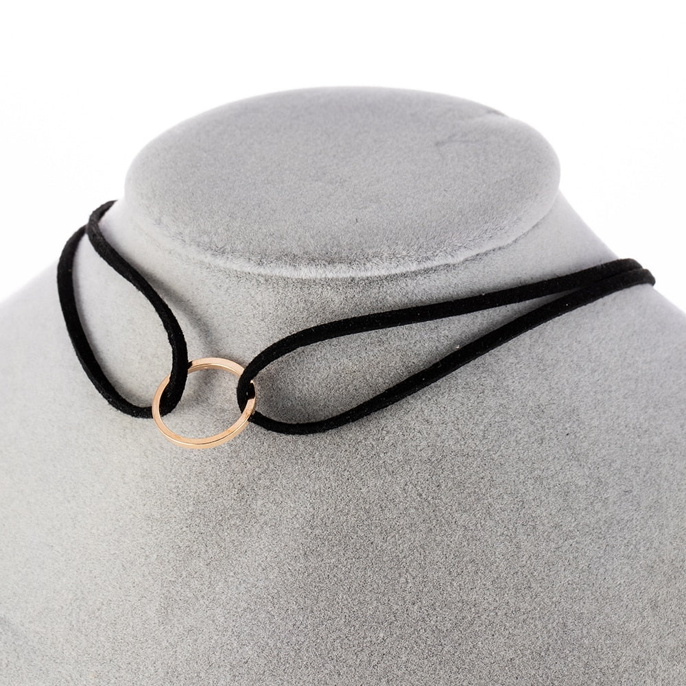 Punk Black White Brown Leather Choker Necklace Gold Color Geometry With Round Pendant For Women Girls