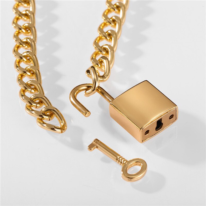 Punk Openable Key Padlock Necklace Hip Hop Big Gold Color Thick Chain Necklace Choker For Women Punk Jewelry
