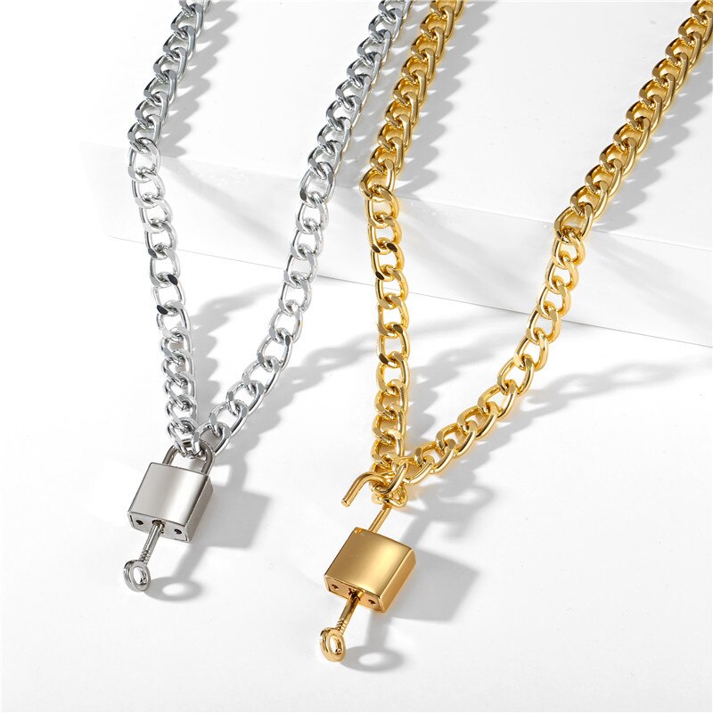 Punk Openable Key Padlock Necklace Hip Hop Big Gold Color Thick Chain Necklace Choker For Women Punk Jewelry