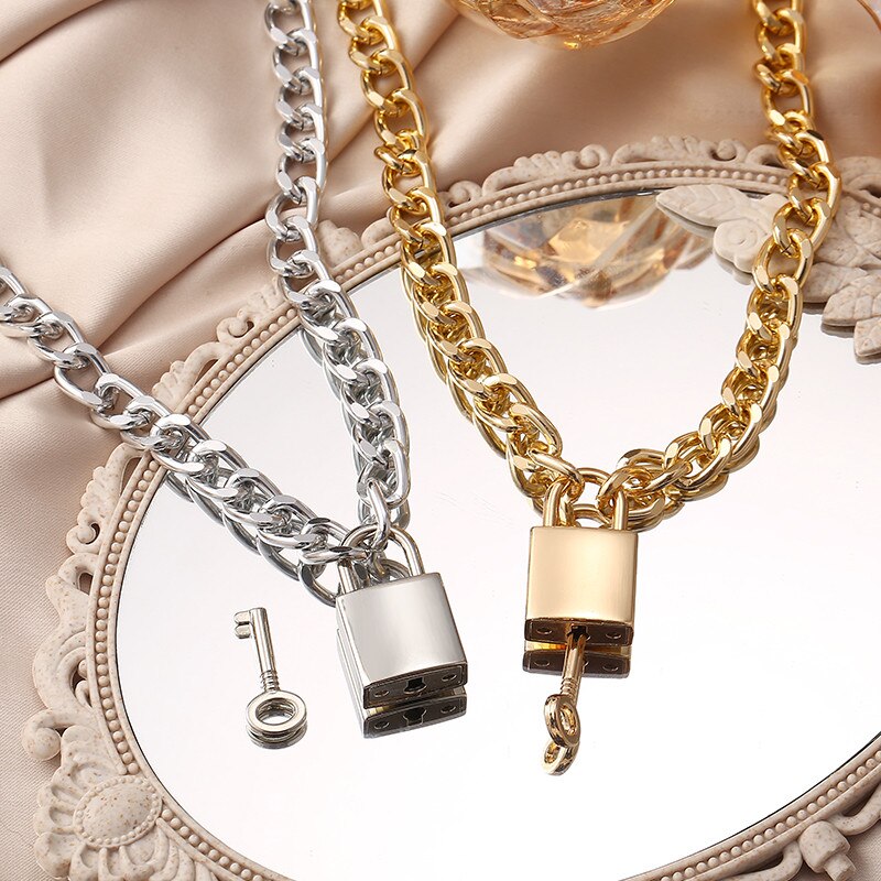 Punk Openable Key Padlock Necklace Hip Hop Big Gold Color Thick Chain Necklace Choker For Women Punk Jewelry