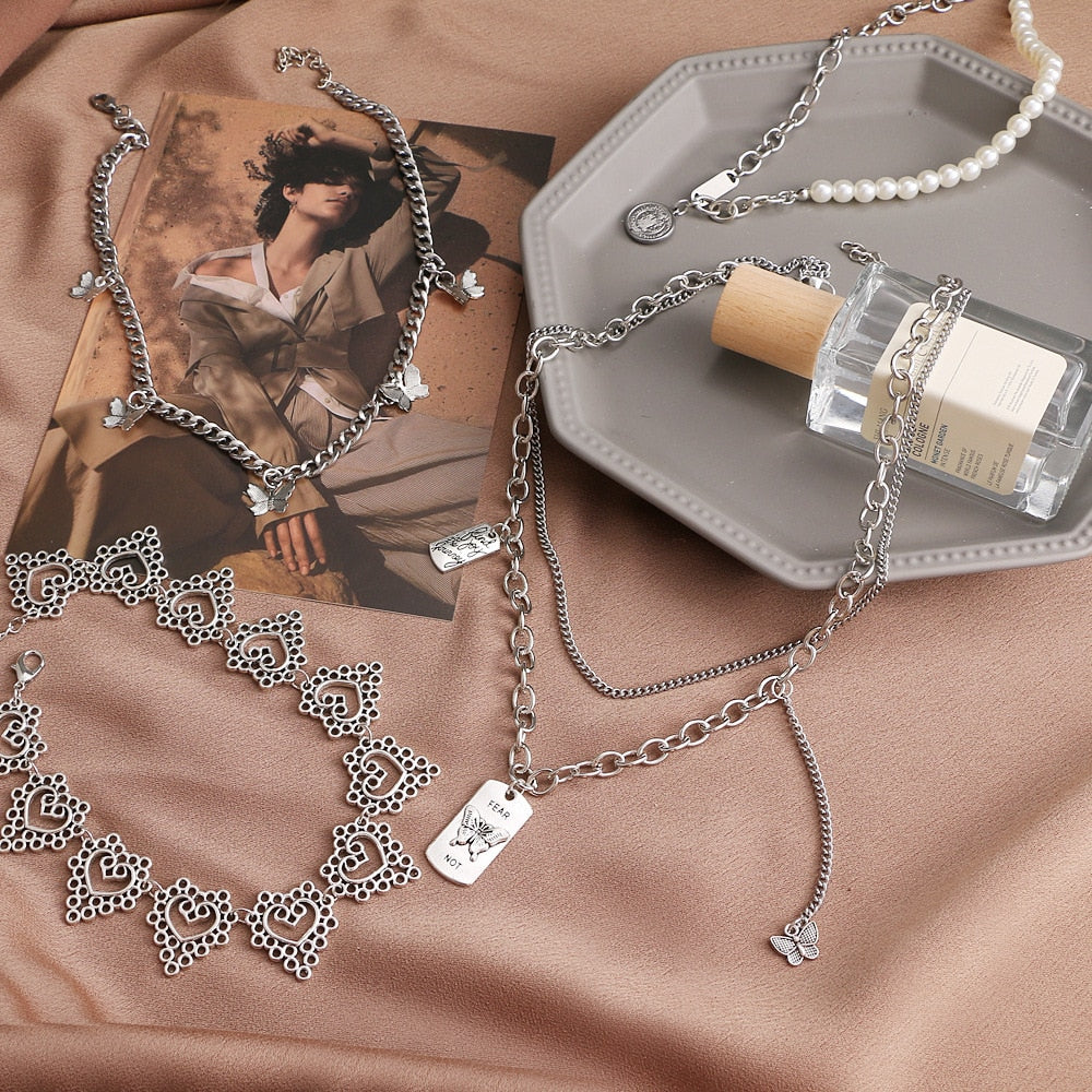 Punk Pearl Chain Necklace For Women Butterfly Dog Tag Heart Pendants Necklaces Women's Neck Chain Jewelry On The Neck чокер