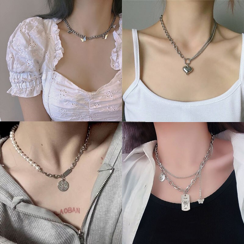 Punk Pearl Chain Necklace For Women Butterfly Dog Tag Heart Pendants Necklaces Women's Neck Chain Jewelry чокер