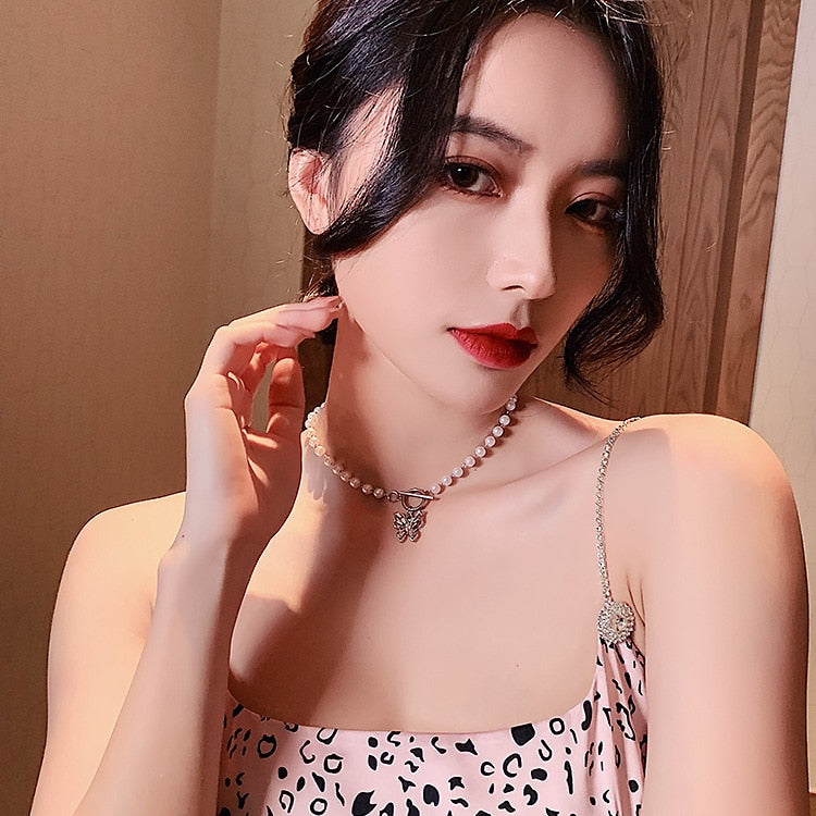 Punk Pearl Chain Necklace For Women Butterfly Dog Tag Heart Pendants Necklaces Women's Neck Chain Jewelry чокер