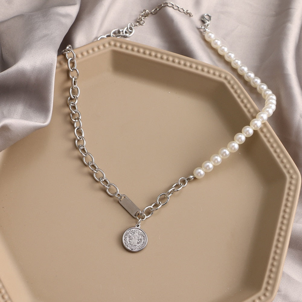 Punk Pearl Chain Necklace For Women Butterfly Dog Tag Heart Pendants Necklaces Women's Neck Chain Jewelry чокер